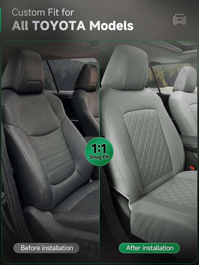 GIANT PANDA 2PCS Front Car Seat Cover for Toyota Rav4 Camry Highlander Corolla Prius Corolla Cross Venza Avalon, Faux Leather Bucket Seat Covers (Grey) - Image 3