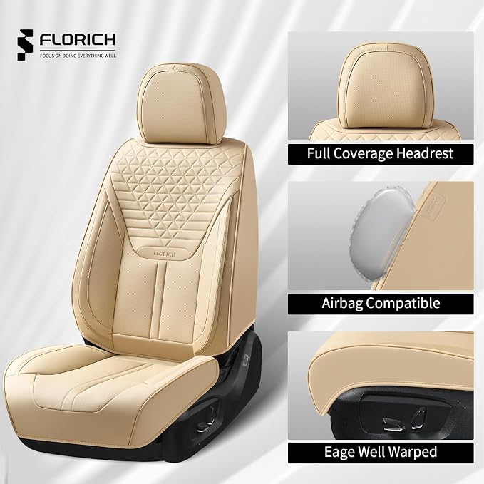 Seat Covers, Car Seat Covers Full Set, Luxury Nappa Leather Seat Covers, Breathable and Waterproof Car Seat Protector 5 Seat, Automotive Seat Covers Universal Fit for Most Cars-Beige - Image 5