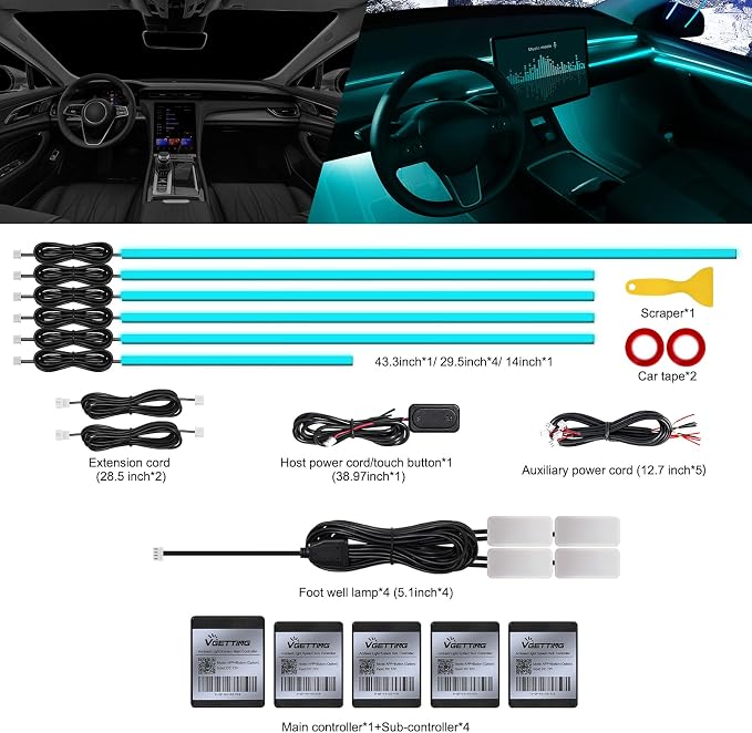 RGB Acrylic Interior Car LED Strip Light with Wireless APP, 10 in 1 with 175 inches 593 LEDs Neon LED Strip Light, 16 Million Colors Dynamic Music Sync Car Ambient Lighting Kits - Image 3