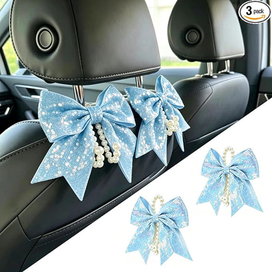 2 Pack Pearl Car Seat Headrest Hook with Bow & Sequin/Leopard/Polka Dot Design – Cute Purse Hanger for Vehicle,Grocery Bags, Umbrellas, Seat Back Organizer for Women (Light Blue Sequins) by Unknown