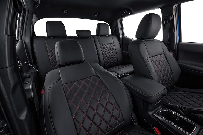 Custom Front Seat Covers Compatible with Select Toyota Tacoma Double Cab 2016 2017 2018 2019 2020 2021 2022 2023 Models - Leatherette (Red/Black,Full Set) - Image 6