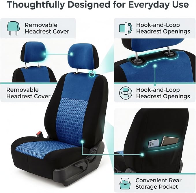 FH Group Universal Car Seat Covers Front Set for SUV Truck Sedan Vans | 3D Textured Breathable Fabric Seat Cover Set Protector with Airbag Compatible Interior Upgrade - Blue - Image 5