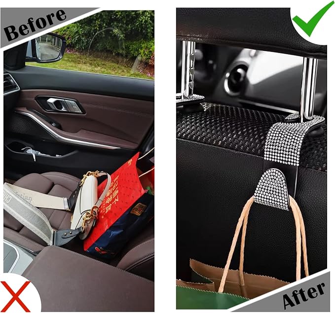 OSIFIT 2PCS Car Seat Hooks, Bling Rhinestone Headrest Hooks, Universal Bling Car Interior Accessories, for Handbag, Clothes, Purse, Water Bottle (White) - Image 4