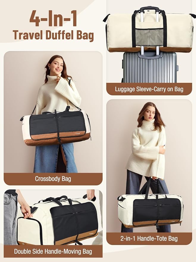 Lekesky Foldable Travel Duffle Bag for Women, Large Duffel Bag with Separate Shoes Compartments & Straps, Carry On Weekend Bag for Women, Hospital, Overnight (Camel & Brown, 80L) - Image 5