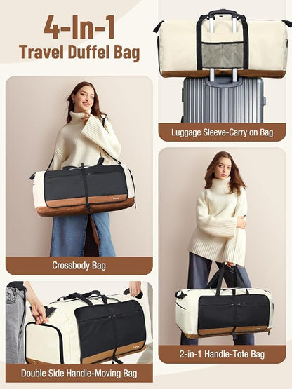 Lekesky Foldable Travel Duffle Bag for Women, Large Duffel Bag with Separate Shoes Compartments & Straps, Carry On Weekend Bag for Women, Hospital, Overnight (Camel & Brown, 80L) - Image 5