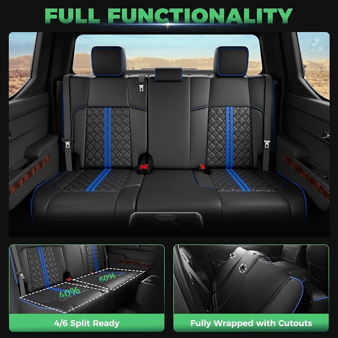 RIDEPOSH Custom Leather Seat Covers for Toyota Tacoma Double Cab 2024-2026 | full set, BKblue, OEM fit, premium waterproof leather, anti-slip, extra pockets, long-term durability, airbag compatible - Image 4