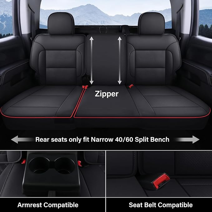 Coverado Silverado Rear Seat Covers, Faux Leather Car Seat Covers Fit for Chevy Silverado GMC Sierra 2007-2013 & 2019-2026 1500, 2020-2026 2500HD 3500HD Crew Double Extended Cab(Redline) - Image 2