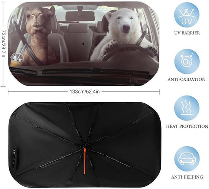 Funny Bear Driving Car Windshield Sun Shade Umbrella, Foldable Car Front Windshield Sunshade with Bendable Handle, Windshield Sun Visor for Most Vehicles - Image 3