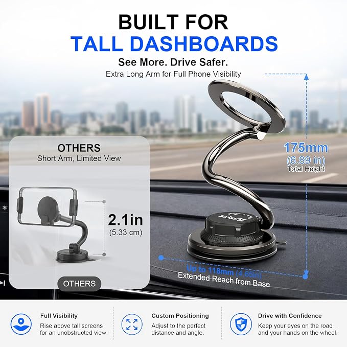 MagSafe Phone Mount, 175mm Long Arm Dashboard Holder | Full Phone Visibility – Designed for Large Dashboard Displays Without Blocking Your Screen - Image 3