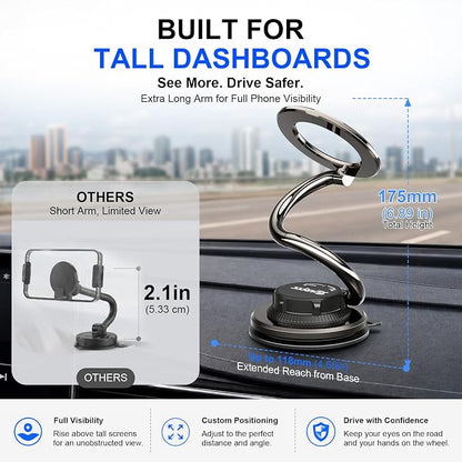 MagSafe Phone Mount, 175mm Long Arm Dashboard Holder | Full Phone Visibility – Designed for Large Dashboard Displays Without Blocking Your Screen - Image 3