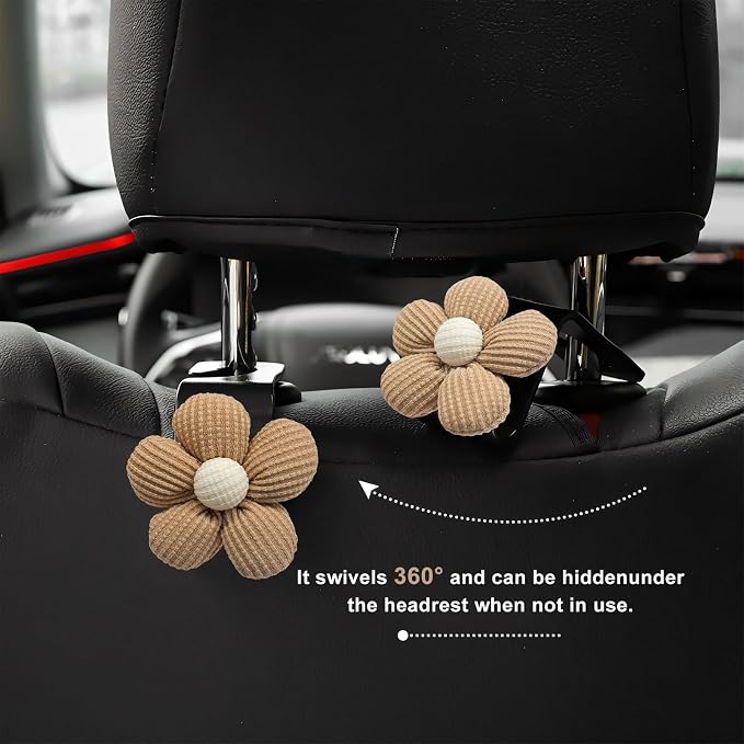 4 PCS Car Seat Headrest Hooks, Cute Flower Vehicle Backseat Hanger Storage Hook, Portable Auto Seat Back Holder Hanging Organizer for Purse Grocery Bag Cloth (Brown) - Image 3