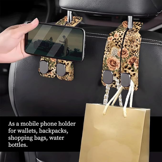 Car Seat Headrest Hook, Universal Leather Cute Hanger Holder Hook, Storage Organizer Interior Accessories for Purse Bags Handbag Luxury Leopard Rose - Image 2