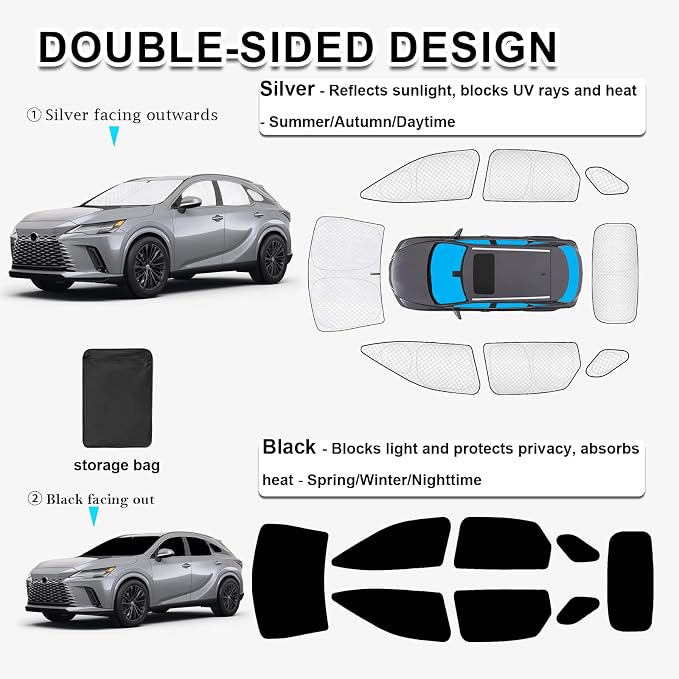 KMF 8pcs Thicken Sun Shades for Lexus RX 2023-2026 Accessories, RX350 Windshield Sunshade Full Car Window Covers for Side Rear, UV Block and Blackout Protect Privacy for Car Camping - Image 5