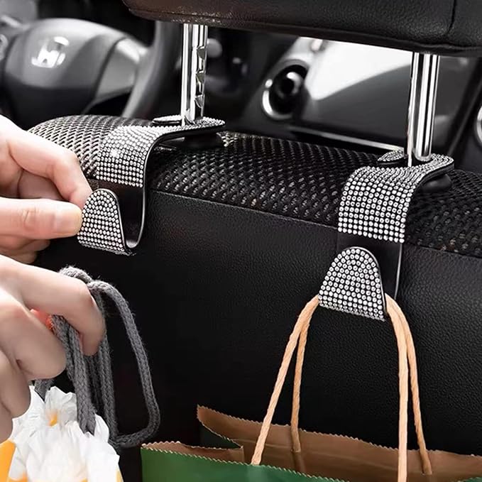 OSIFIT 2PCS Car Seat Hooks, Bling Rhinestone Headrest Hooks, Universal Bling Car Interior Accessories, for Handbag, Clothes, Purse, Water Bottle (White) - Image 6