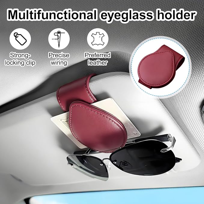 Sunglasses Holder for Car Visor, Magnetic Leather Sun Visor Eyeglasses Hanger & Ticket Card Clip, for Most Cars - Image 4