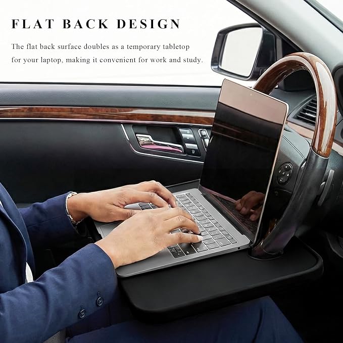 Car Steering Wheel Desk, 2 in 1 Multipurpose Auto Seat Stand Tray for Food Drink Laptop, Portable Double Sided Vehicle Steering Wheel Table for Eating & Work, Car Accessories (Black) - Image 3
