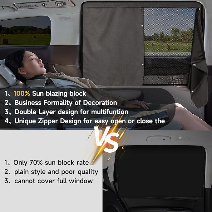 Car Window Shades, 2 Pack Suede Fabric & Dual-Layer with Zipper Magnetic Sun Shade Curtain for Back Side Windows, Universal Fit for SUV/Sedan/Truck Back Window Privacy, Blackout Sunshade for Baby - Image 6