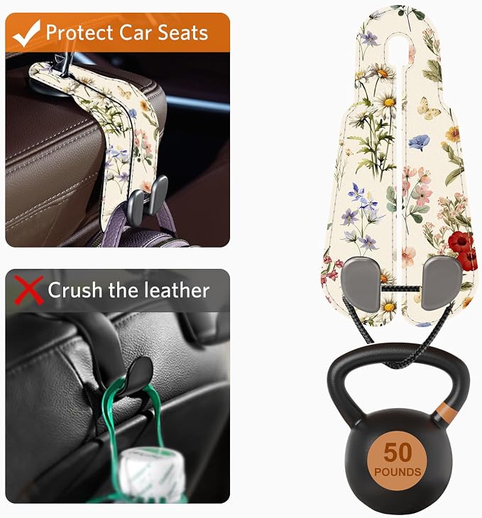 CoBak Purse Hook for Car - Universal Premium Stitched Leather and Aluminum-Magnesium Alloy Double Car Seat Back Storage Hook for Purses, Handbags, Bags (2 Pack),Antique Floralia - Image 5