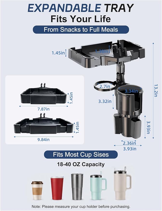 Car Cup Holder Tray, 10 Inch 4-in-1 Cup Holder Tray, 360° Rotating Drink Holder Expander with Detachable Food Tray & Phone Holder, Road Trip Essentials - Image 3