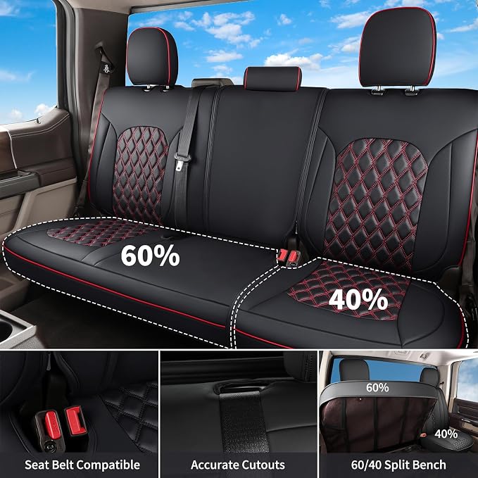 Huidasource Tacoma Seat Cover Front & Rear, Full Coverage Waterproof Leather Custom Cover Fit for 2016-2023 Double & Crew Cab Toyota Tacoma SR SR5 Limited TRD Sport/Pro/Off Road (Full Set/Black&Red) - Image 2