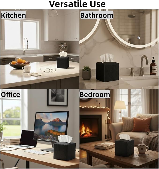Tissue Box Cover 2-Pack, Square Tissue Holder with Bottom Belt, Modern Tissue Case Facial Paper Organizer Dispenser for Bathroom, Office, Home, Table, Car, Black, Linen Pattern - Image 5