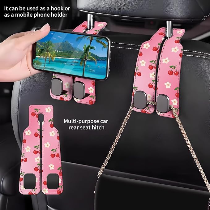 Car Seat Back Storage Headrest Hook, Premium Leather Double Metal Hook, Hanger Storage Organizer for Purse Cloth Bag, Car Interior Accessories Cute Pink Cherry Flower - Image 2