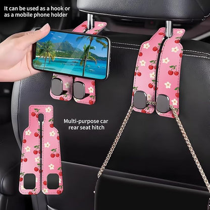 Car Seat Back Storage Headrest Hook, Premium Leather Double Metal Hook, Hanger Storage Organizer for Purse Cloth Bag, Car Interior Accessories Cute Pink Cherry Flower - Image 2