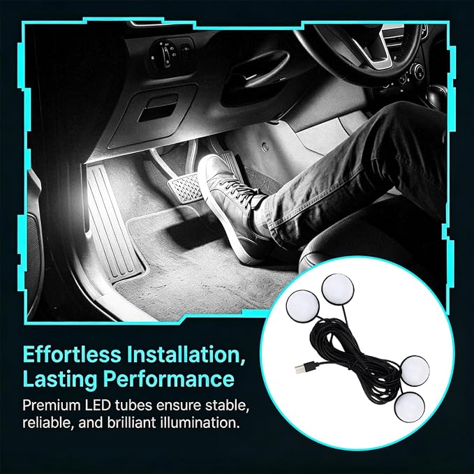 Car Interior LED Light, 4-in-1 USB Port Vehicle Under Dash Ambient Neon Lighting Decoration, Automotive Inside Foot Well Atmosphere Lamp, Universal Fit (White) - Image 6