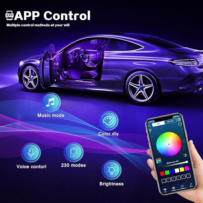 Acrylic Interior Car LED Strip Light with Wireless APP, 10 in 1 with 175 inches 593 LEDs Neon LED Strip Light, RGB Colors Dynamic Music Sync Car Ambient Lighting Kits - Image 4