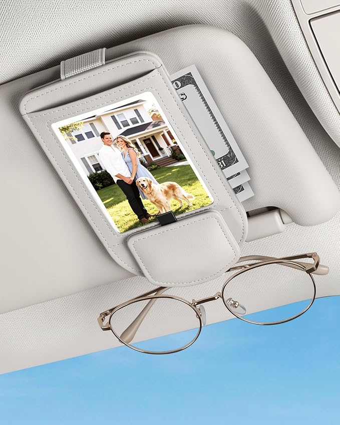 Car Visor Sunglasses Holder, 3 in 1 Glasses Clip with Photo Picture Display & Extra Storage Pocket, Anti-Slip Universal Sun Visor Organizer, 2026 Upgraded (1, Off-White) by Automotiveinterior