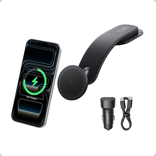 Anker Nano Magnetic 15W Car Charger with Alloy Bracket Wireless | Qi2-Certified 360-Degree Adjustable Mount with Detachable Pad, for iPhone 17 / 16 / 15 / 14 / 13 Series (Adapter Included) by Unknown
