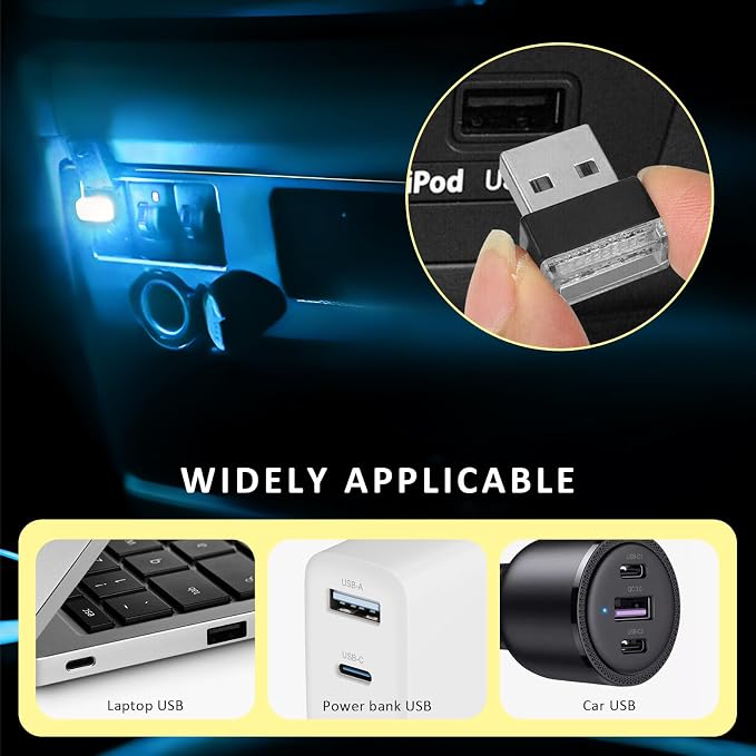 4PCS USB LED Car Interior Atmosphere Lamp, Plug-in USB Interface LED Night Lighting Decoration, Mini Portable Ambient Lights Kit Universal Interior Accessories for Most Cars (Ice Blue) - Image 5