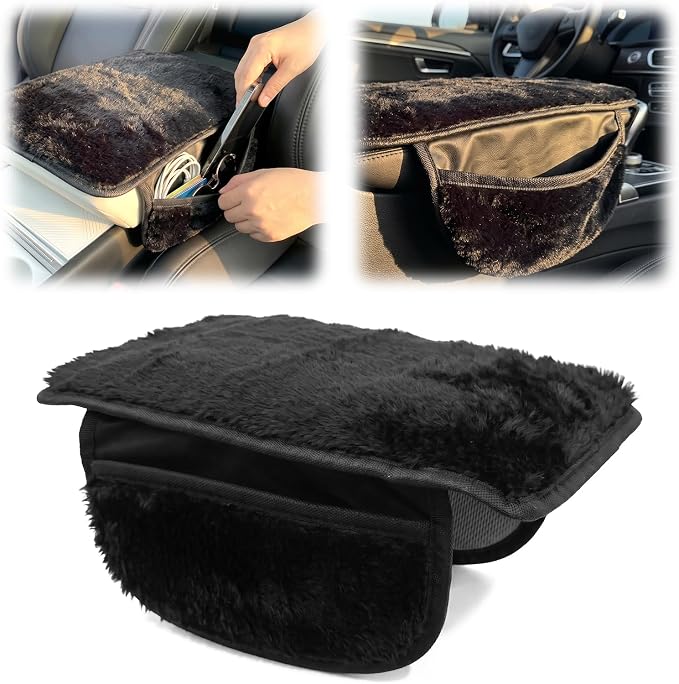 Plush Fuzzy Fur Car Armrest Cover with Side Pockets,Black | Fluffy Armrest Cushion Pad,Soft Center Console Cover,Car Interior Storage Accessories ,for Most Car Decoration Protector - Image 3