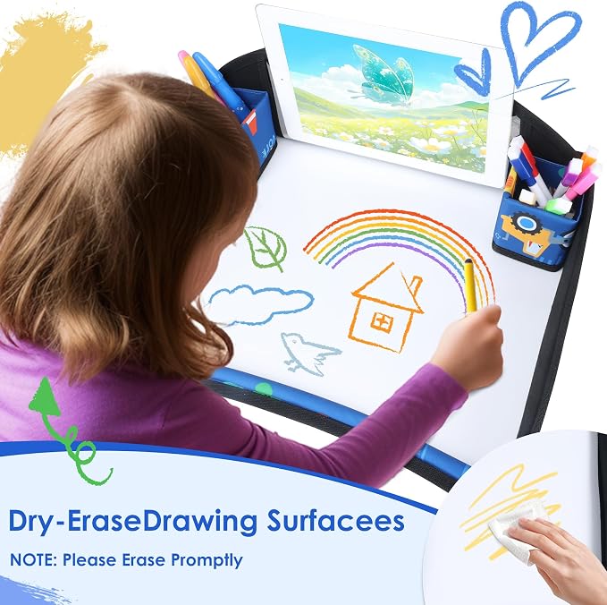 Kids Travel Tray for Toddler Car Seat, Road Trip Activities for Kid | Toddler Car Activities with No-Drop iPad Holder Stand, Roadtrip Essentials with Dry Erase Board & Cooler Cup Holder, Blue - Image 4