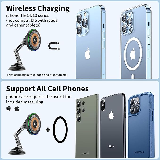 ZBF Magnetic Phone Holder for Car,15W Wireless Fast Charging for MagSafe Car Mount Vacuum Suction Cup Dashboard Windshield Phone Mount for Car 360°Adjustable Magnetic Mount for Women Men iPhone 17/16 - Image 6