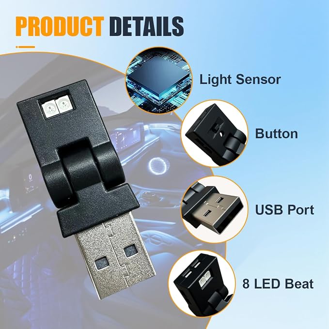 Mini USB LED Light, Portable Adjustable Brightness Car 7 Color RGB Dynamic Ambient Lights, Plug-in Auto Interior Night Atmosphere Lamp Decoration Accessories for Laptop Home(2PCS) - Image 3