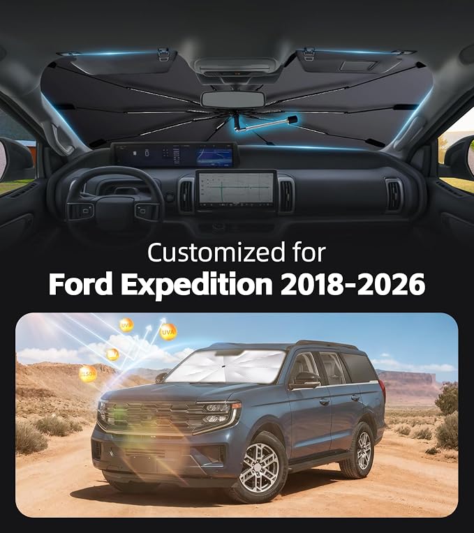 Windshield Sun Shade for Ford Expedition 2018-2026 with 360° Rotating Shaft | Custom Fit Umbrella Sunshade for UV Blocking, Interior Heat Protection, Easy Storage, UPF 50+ Cool Windshield Cover - Image 2