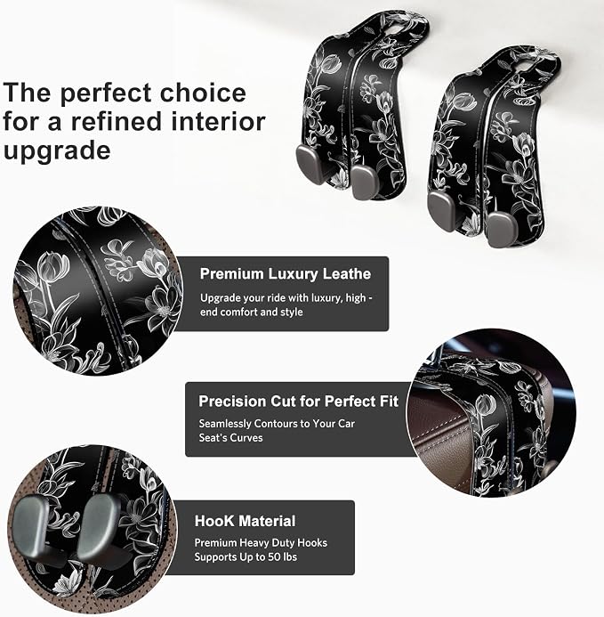 CoBak Purse Hook for Car - Universal Premium Stitched Leather and Aluminum-Magnesium Alloy Double Car Seat Back Storage Hook for Purses, Handbags, Bags (2 Pack),Floral Trace - Image 2