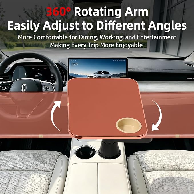 360° Rotating Car Desk Tray for Laptop & Food, Fits Tesla Model Y/3/S | 360° Rotating Car Desk, Premium Leather, Cup Slot, Adjustable for Laptop & Food, Fits Tesla Model Y/3/S & Most Cars - Image 2