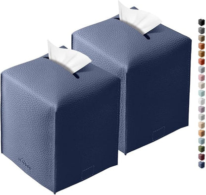 Tissue Box Cover for PU Leather, Modern Simple Solid Color Holder Square Tissue Bag, Ideal for Bathrooms,Office,Car,Outdoor Tent,Dining Table,5"X5"X5", Double Navy Blue by Tclouda