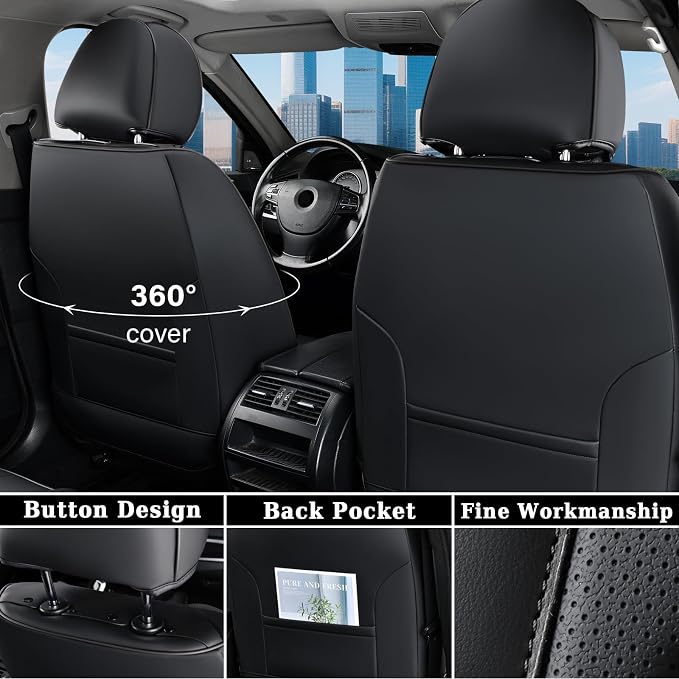 Coverado Car Seat Cover, Black Luxury Seat Cover for Cars, Premium Nappa Leather Seat Covers Full Set with Embossed Pattern, Waterproof Car Seat Protector Car Seat Cushions Universal Fit Most Vehicle - Image 3