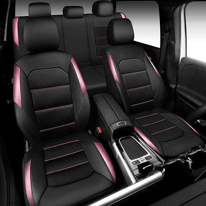 CAR PASS Memory 3D Foam Car Seat Covers Full Set, Breathable Mesh Thick Seat Covers for Car, Pink Metal Film Leather Seat Covers, Universal Automotive Comfort for SUVs Trucks, Black Pink - Image 2