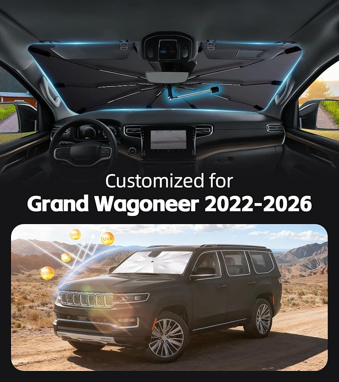 Windshield Sun Shade for Jeep Grand Wagoneer 2022-2026, 360° Rotating Shaft | Custom Fit Umbrella Sunshade for UV Blocking, Interior Heat Protection, Easy Storage, UPF 50+ Cool Windshield Cover - Image 2