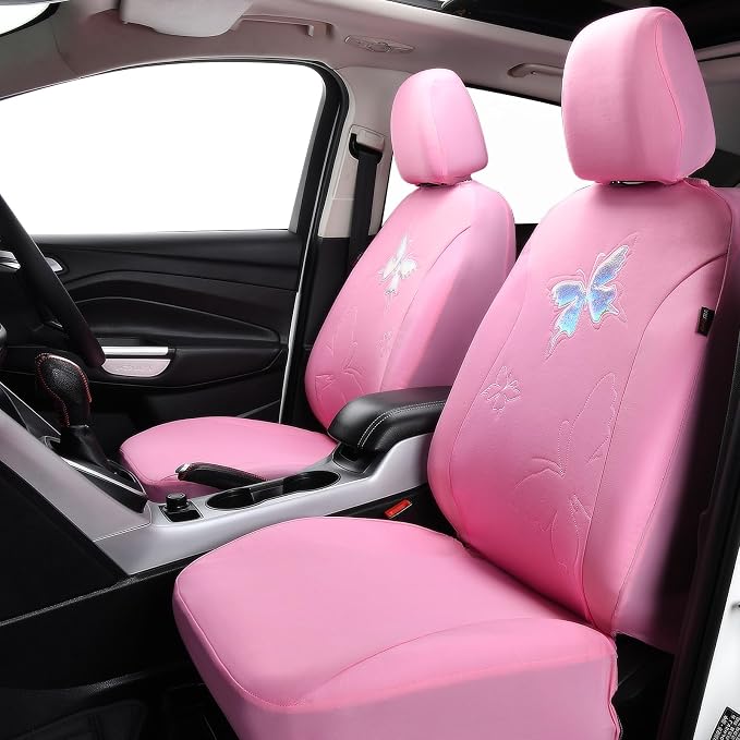 Flying Banner Butterfly car seat Covers ful Set Fashion Universal Lady Woman Female Rear Bench Split Colorized (Full Set - Lace, Solid Pink) - Image 2