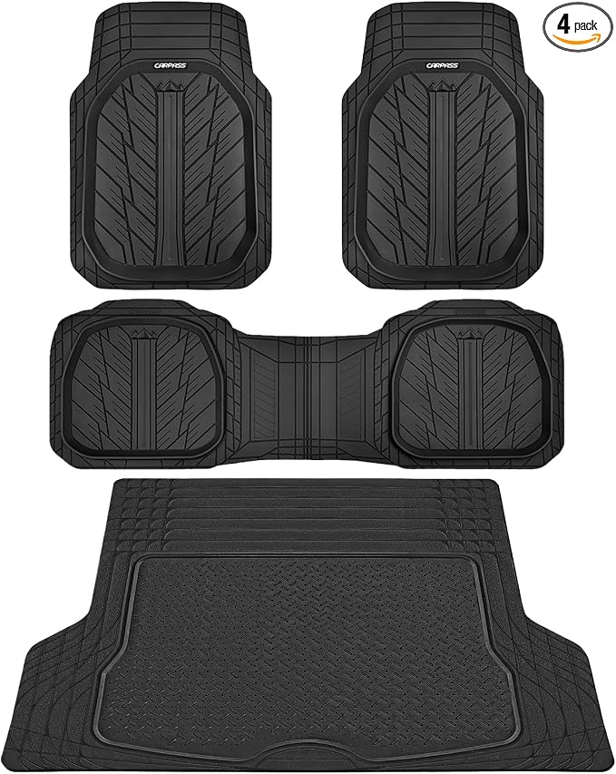 CAR PASS Deep Dish Floor Mats for Cars, Heavy Duty Rubber Floor Mats with Trunk Cargo Liner, Universal Trim-to Fit Automotive Floor mats for Truck Van SUV Waterproof All Weather Car Mats Solid Black by CARPASS