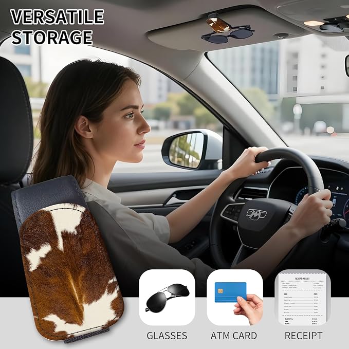 Sunglasses Holder for Car Visor, PU Leather Glasses Clip Organizer, Cute Magnetic Eyeglass Holder for Vehicle Sun Visor, Car Interior Accessory for Women & Men Brown Cow Hide - Image 2
