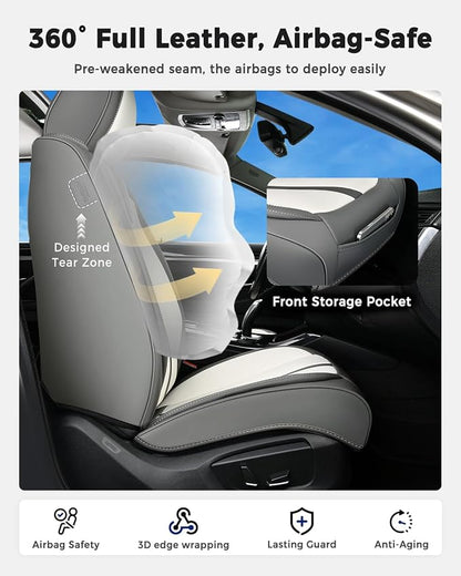 Huidasource Front Car Seat Covers Luxury Nappa Leather, Car Seat Covers Front Seats with Airbag, Front Storage Pocket, Lumbar Support Cooling＆Heating Universal Fit for Most Cars SUV Trucks, Gray&White - Image 2