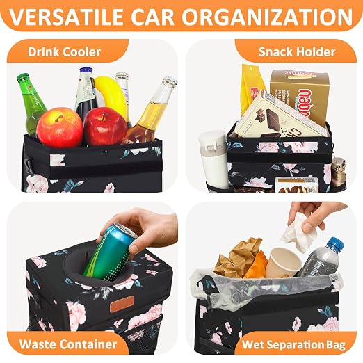 Vankor Car Trash Can with Lid Leak Proof Car Accessories for Women | 3 Gallon Cute Hanging Car Trash Bin for Men Car Truck Vehicle Sedan Interior Automotive Garbage Cans, Black Floral - Image 6
