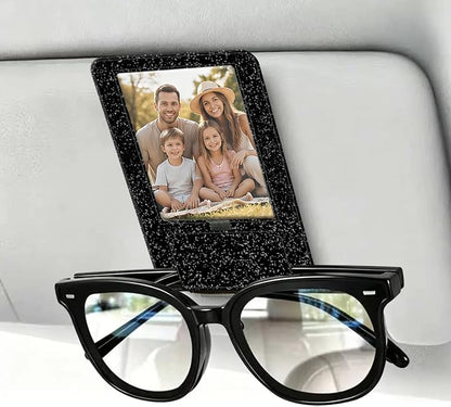 2-in-1 Car Visor Sunglasses & Photo Holder, Magnetic PU Leather Glasses Clip with Picture Display Slot, Universal Sun Visor Organizer for Eyeglasses, Personalized Cards & Memories, Black Glitter - Image 6
