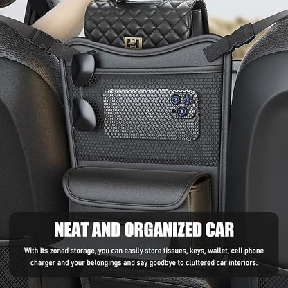 Car Organizer Storage Between Seats, Nappa Leather Front Seat Storage Bag with Tissue Holder, Automotive Console Hanging Net Pocket Handbag Holder for Phone Document (Gray) - Image 3